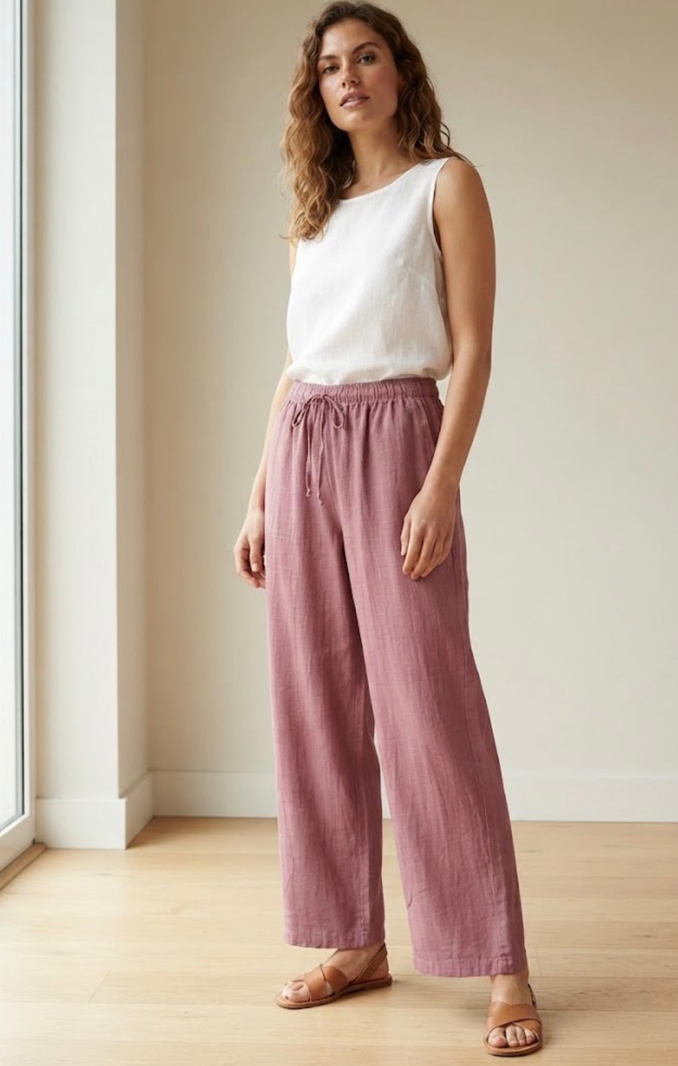 Pantalón lino y algodón rosa
