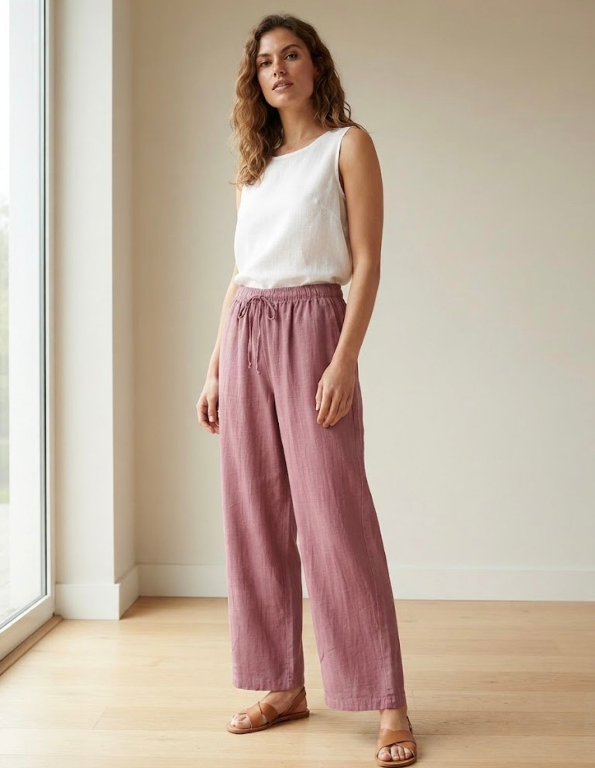 Pantalón lino y algodón rosa